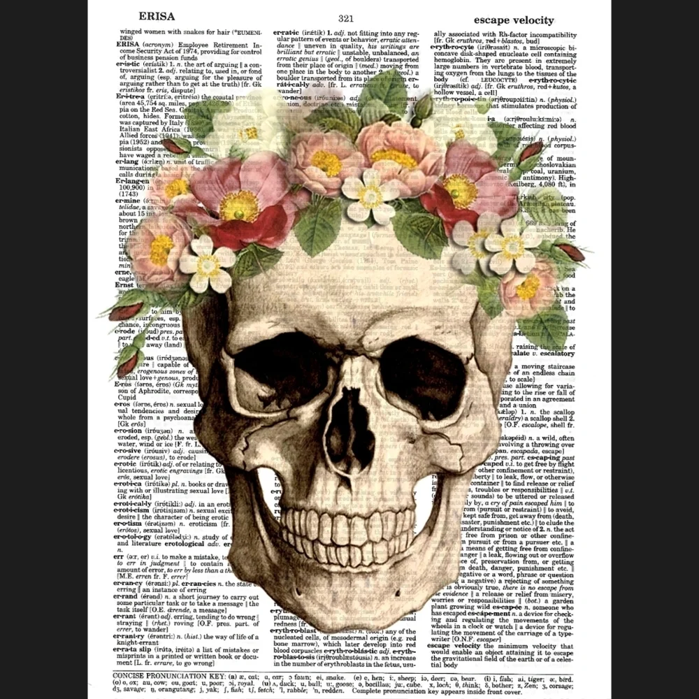 Flower Crown Gothic Skull Dictionary Art Print